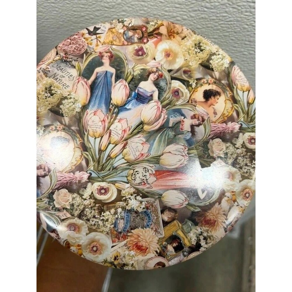 Vintage tin 19090s victorian ladies collage round keepsake box top floral deco